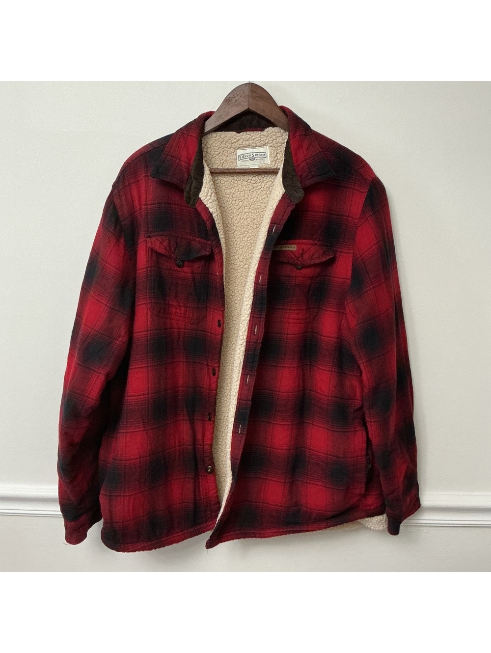 Field & Stream Men's XL Red and Black Plaid Sherpa-Lined cotton Flannel Jacket
